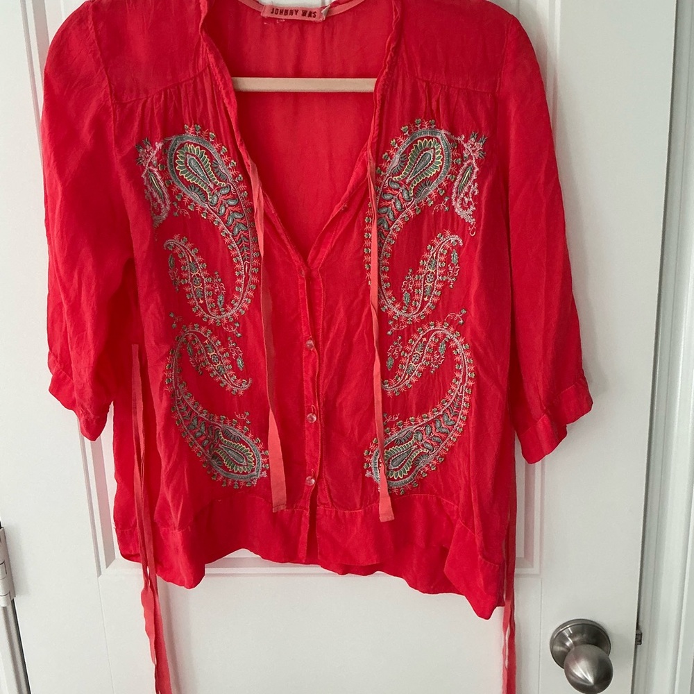 Johnny Was Vibrant coral Red Embroidered Blouse